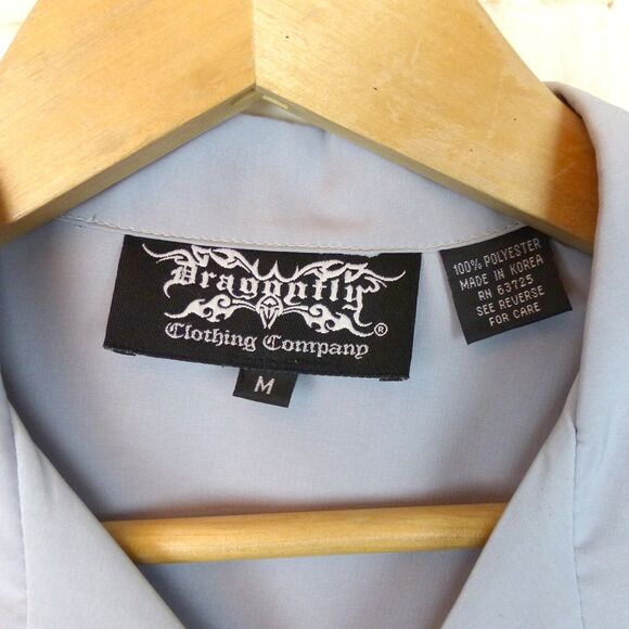 VTG Dragonfly Shirt Men M Gray Black Tribal Flame Button Loop Collar Grunge Bike - Picture 4 of 13